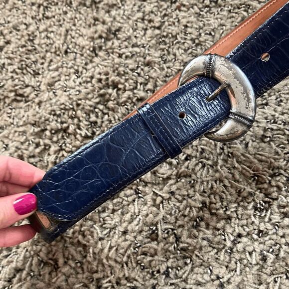 Zelé Atlanta Navy Embossed Leather Belt Silver Buckle Cowhide Lining 28 Small main image 10